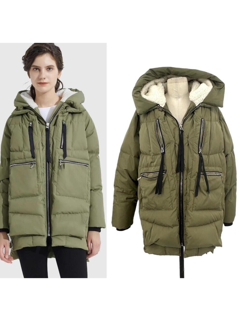 Orsay Olive Green Puffer Jacket with Sherpa Hood Lining (MEDIUM)